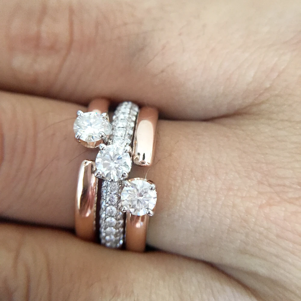 14K розовое и белое золото 1.5ctw DF круглое Помолвочное кольцо Moissanite Набор браслетов