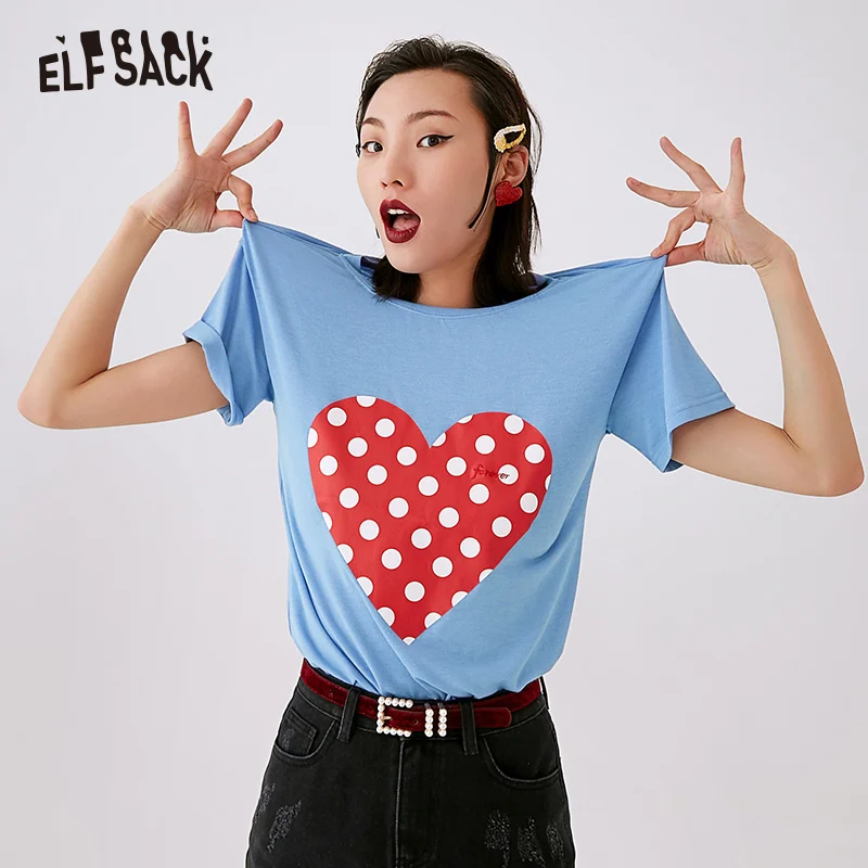 Женския футболка с вышивкой ELF SACK, желтая, голубая кофточка, повседневный свободный женский топ вкрапинку с принтом сердца, для лета