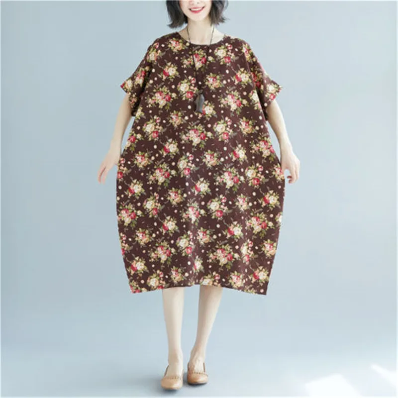 Платье женское хлопково-льняное с коротким рукавом Свободный Повседневный