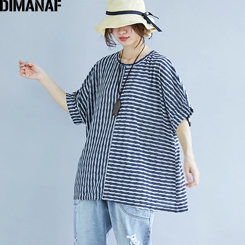 DIMANAF Women T-Shirt Cotton Summer Plus Size Basic Tops Tees Thin Print Striped Blue Female Casual Loose tshirts Batwing Sleeve | Женская