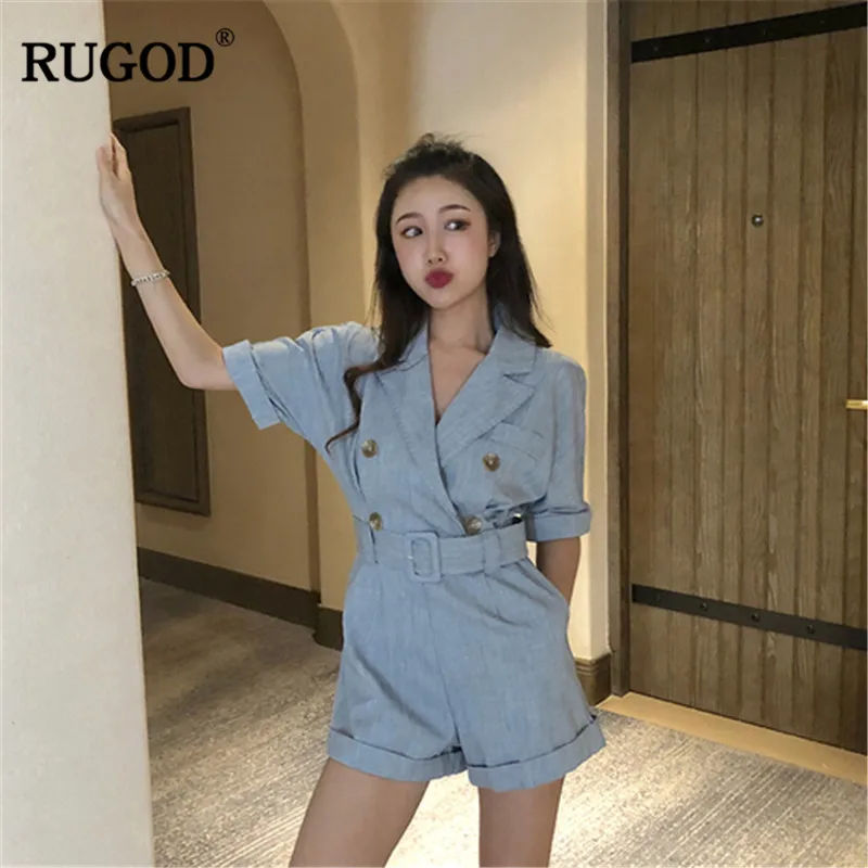 Женский джинсовый костюм с короткими рукавами RUGOD Облегающий комбинезон поясом и