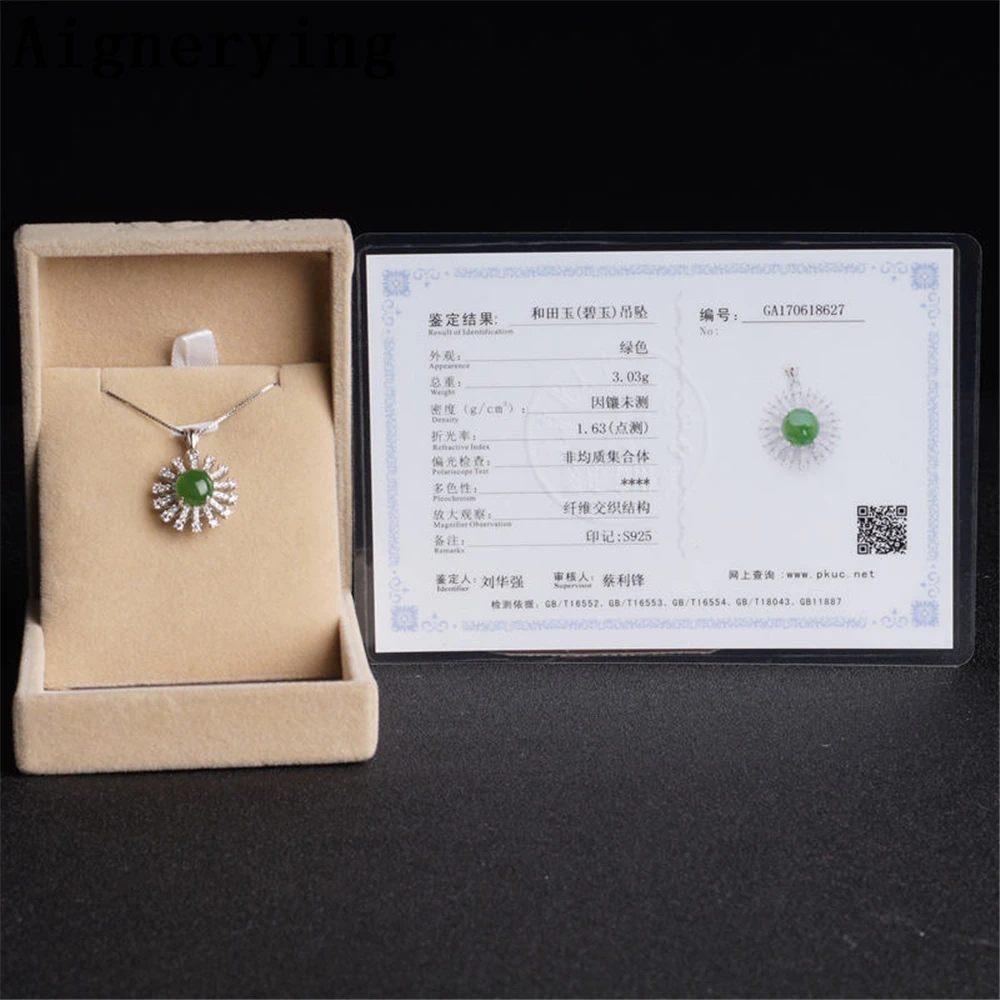 

Sterling 925 silver Infinity Precious Certificate Green Jade for Women/Men Necklaces Supply Vintage Pendant