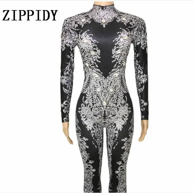 Silver Or Gold Pattern Printed Jumpsuit Stretch Big Crystals Women's Outfit Nightclub Costume Female Singer Dance Show Bodysuit