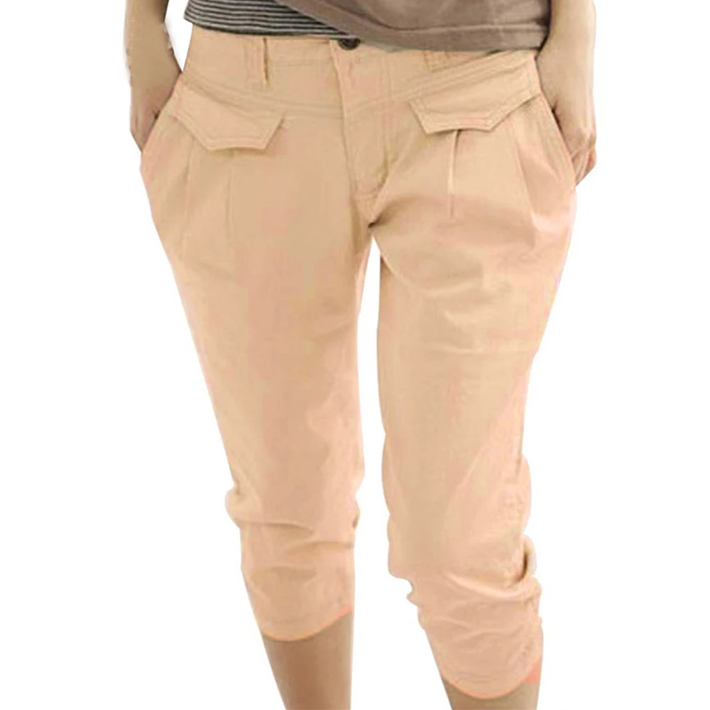 beige SHUJIN, женские летние брюки-карго, pantalon femme, повседневные, свободные, одноцветные, длиной до середины икры, женские короткие брюки, летние капри, без пояса - Цвет: beige