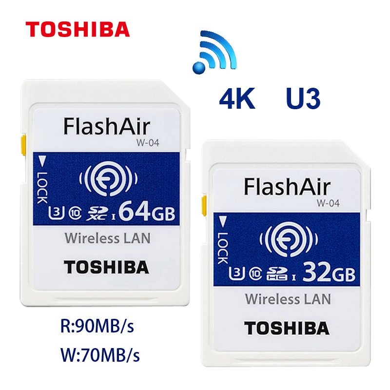 TOSHIBA FlashAir W-03, 32 ГБ, 16 ГБ, SDHC, беспроводная W-04, 64 ГБ, SDXC, WiFi, sd-карта, UHS-I, класс 10, U3, флеш-карта памяти для цифровой камеры