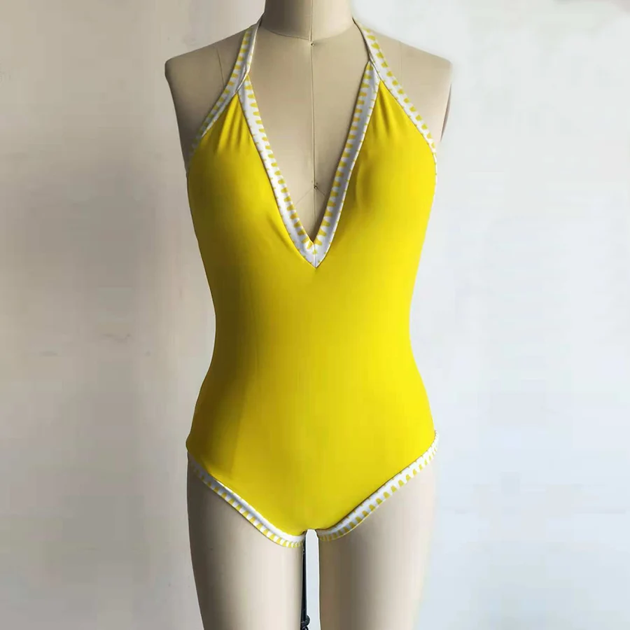 Новый сексуальный слитный купальник с V образным вырезом женский лямкой на шее