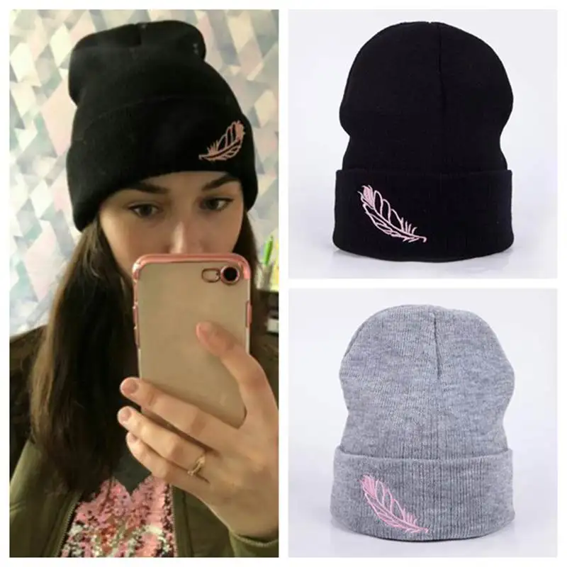 Теплая зимняя женская шапка с вышивкой в виде перьев|Мужская Skullies & шапочки| |