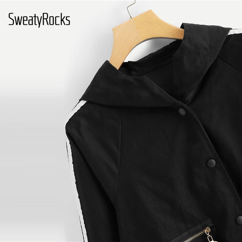 SweatyRocks Черная куртка с капюшоном и завязками, новинка, однобортные пальто, Весенняя женская куртка с капюшоном и топы