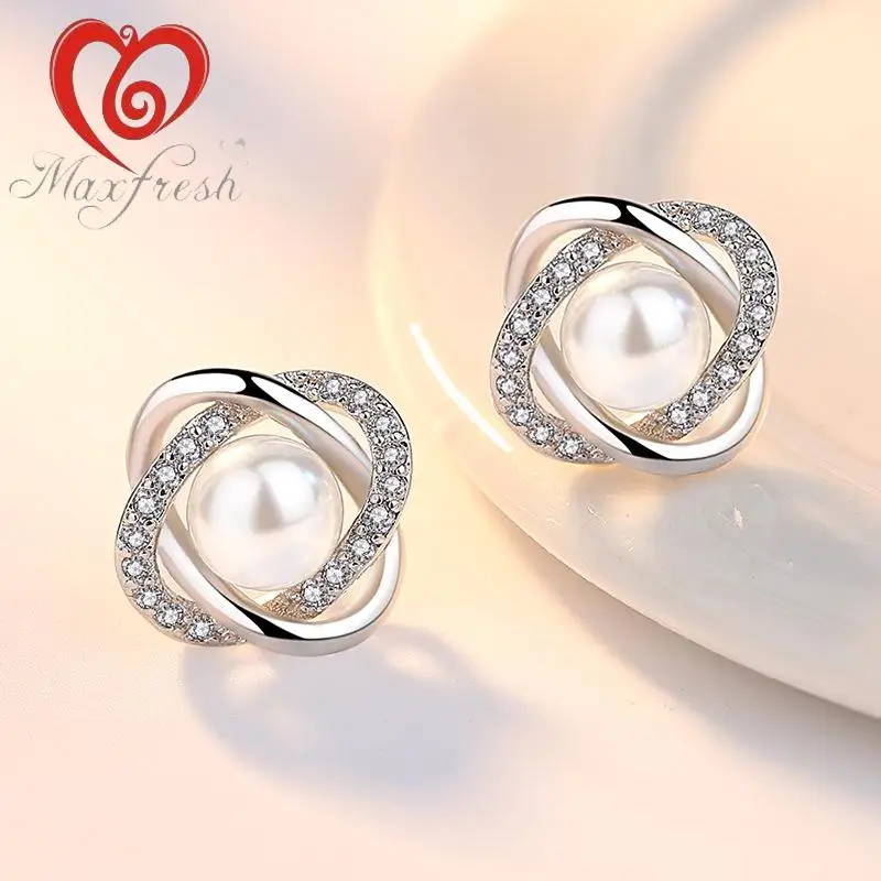 Maxfresh модные мяч кубический цирконий жемчуг 925 серебряные серьги для