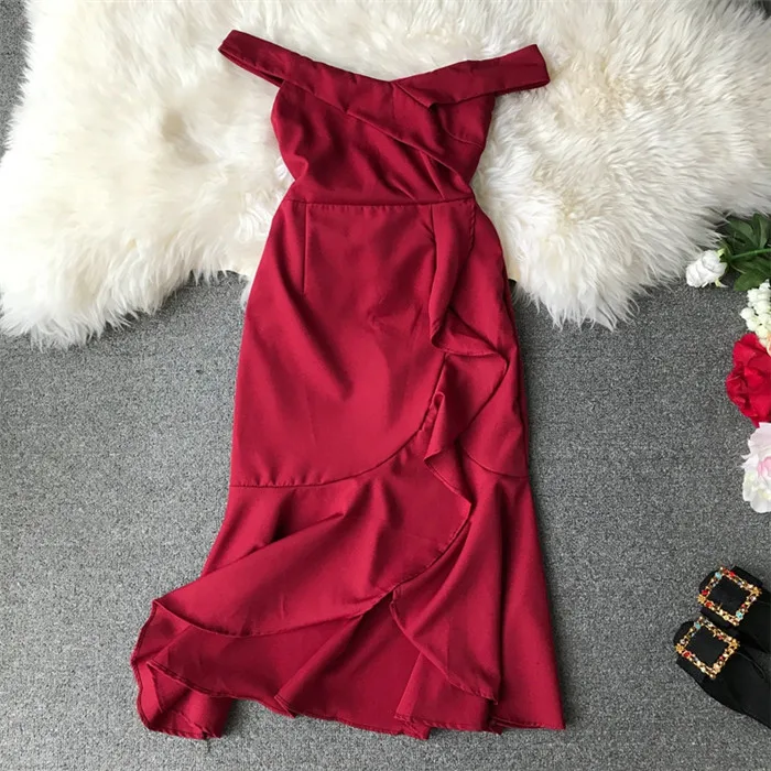 ALPHALMODA Лето Для женщин Slash шеи с оборками Vestidos Твердые Цвет Разделение Раффлед дамы сексуальное платье с русалочкой
