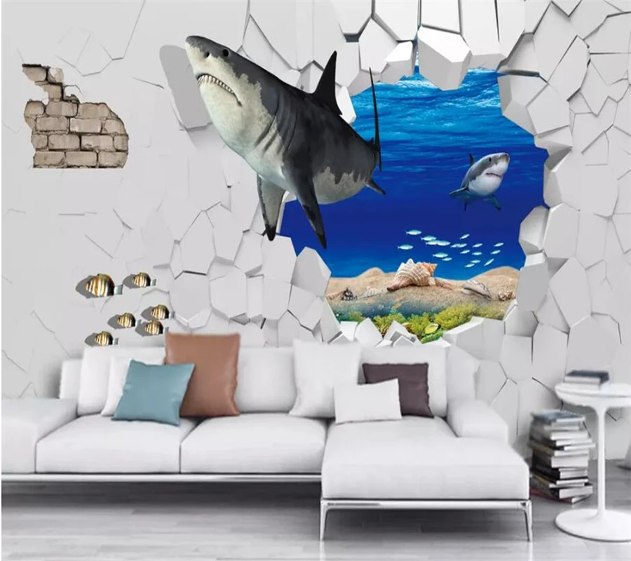 beibehang Custom 3d wallpaper fashion sea shark broken wall picture-in-picture TV background papers home decor | Обустройство дома