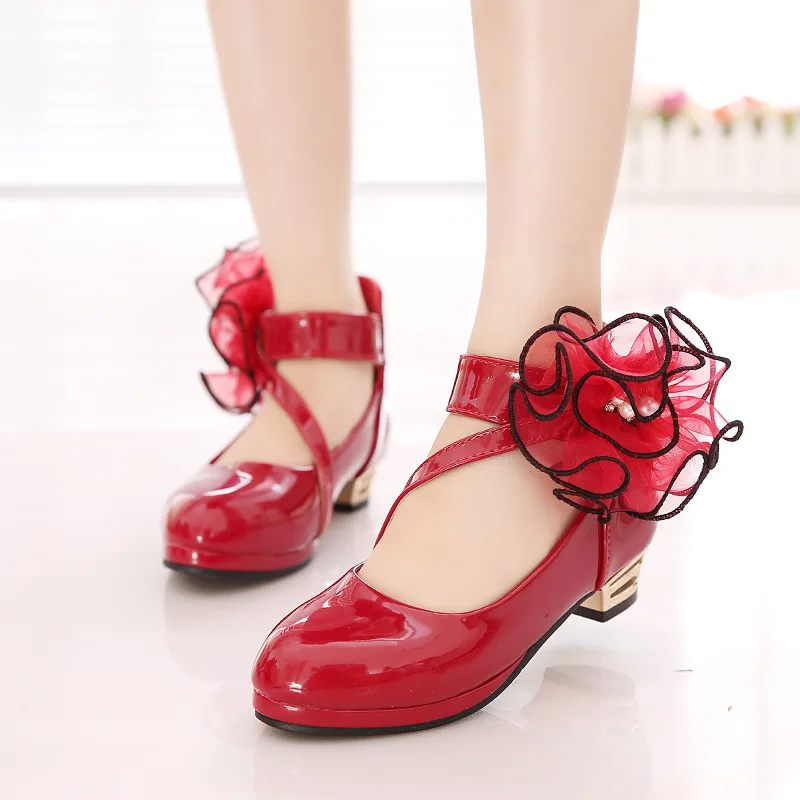 

Snoffy Girls Latin Dance Shoes Flower Beading Spring Party Shoes Children High Heels Princess PU Leather Shoes TX388