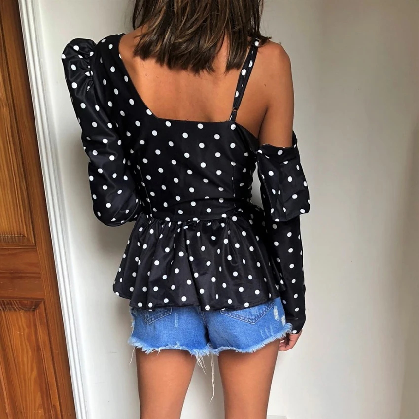 OOTN High Street Black White V Neck One Shoulder Strap Ruffle Polka Dot Blouse 2018 Autumn Winter Puff Sleeve Long |