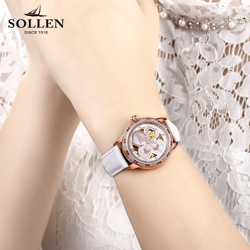Orologio Donna Элитный бренд SOLLEN Скелет Для женщин часы в форме счастливого клевера для