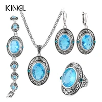 kinel 4pcs women vintage jewellery sets antique silver color retro pattern fashion blue oval ring wedding jewelry crystal gift