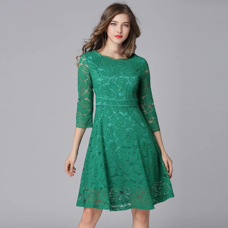 Queechalle Three Quarter Sexy Lace Dress Women Hollow Out Slim Waist One-piece L XL XXL 3XL 4XL 5XL Plus Size Vestidos | Женская одежда