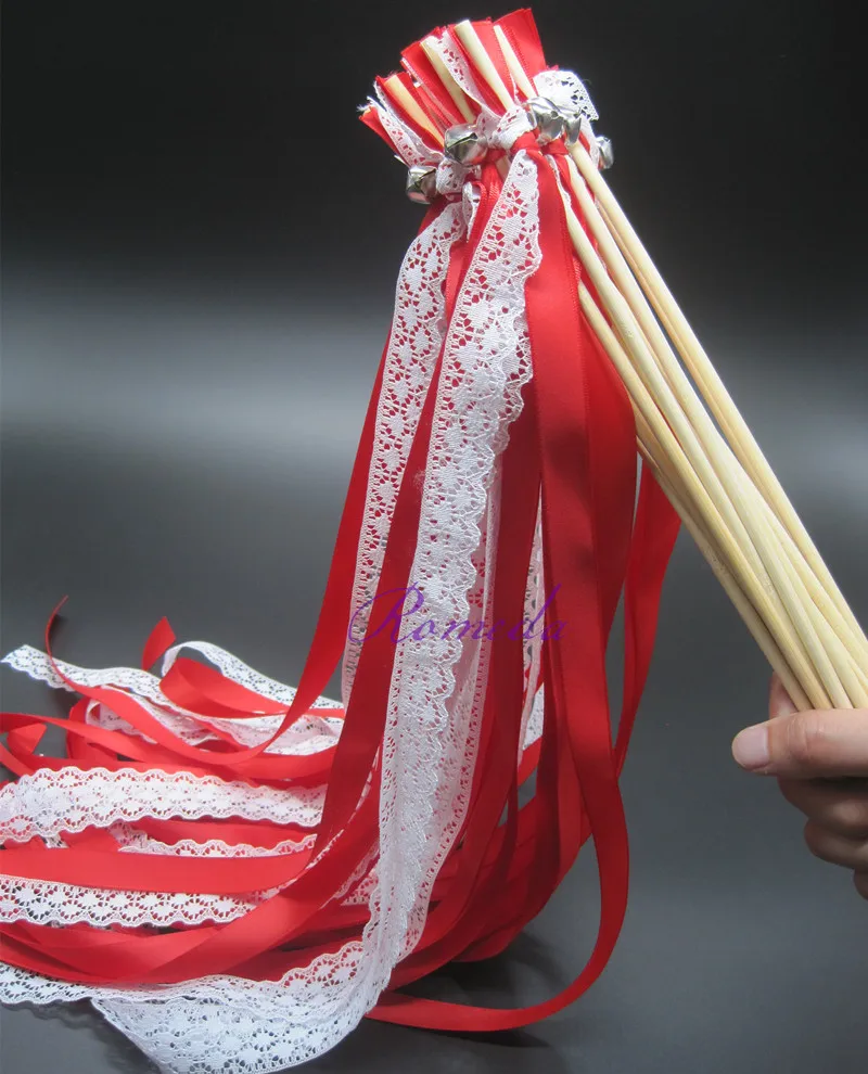 

50Pieces/Lot Dark red ribbon wedding wands with white lace Wedding Ribbon Stick,ribbon Twirling Streamers