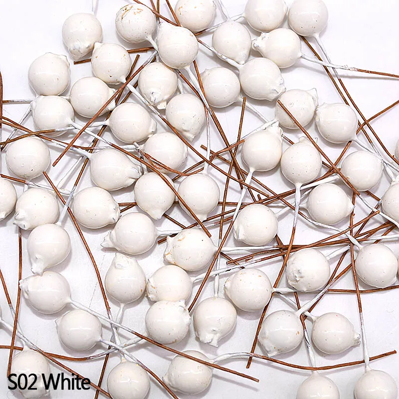 S02 White 50/100 шт 1 см Искусственный Красный ягод вишни жемчужная тычинка цветы искусственный фрукт из пенопласта ягодой для Свадебные украшения DIY букет невесты - Цвет: S02 White