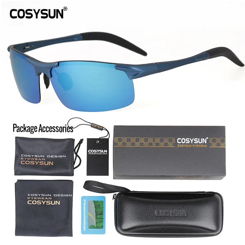All Blue LuxuryPKG COSYSUN мужские поляризованные солнцезащитные очки из алюминиевого сплава, мужские солнцезащитные очки с зеркальными линзами, поляризованные солнцезащитные очки для вождения, мужские солнцезащитные очки, 6 цветов - Цвет линз: All Blue LuxuryPKG