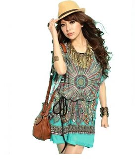 Summer new dress national printing large waist Bat Sleeve Silk Dress | Женская одежда