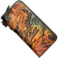 high grade handmade carving fierce tiger wallets zipper purses men long clutch vegetable tanned leather wallet card holder