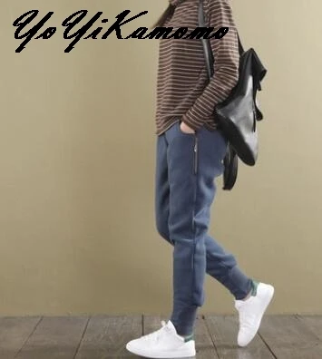 Синий YoYiKamomo новые женские зимние штаны оригинальные винтажные однотонные плотные флисовые хлопковые льняные брюки большого размера женские брюки - Цвет: Синий