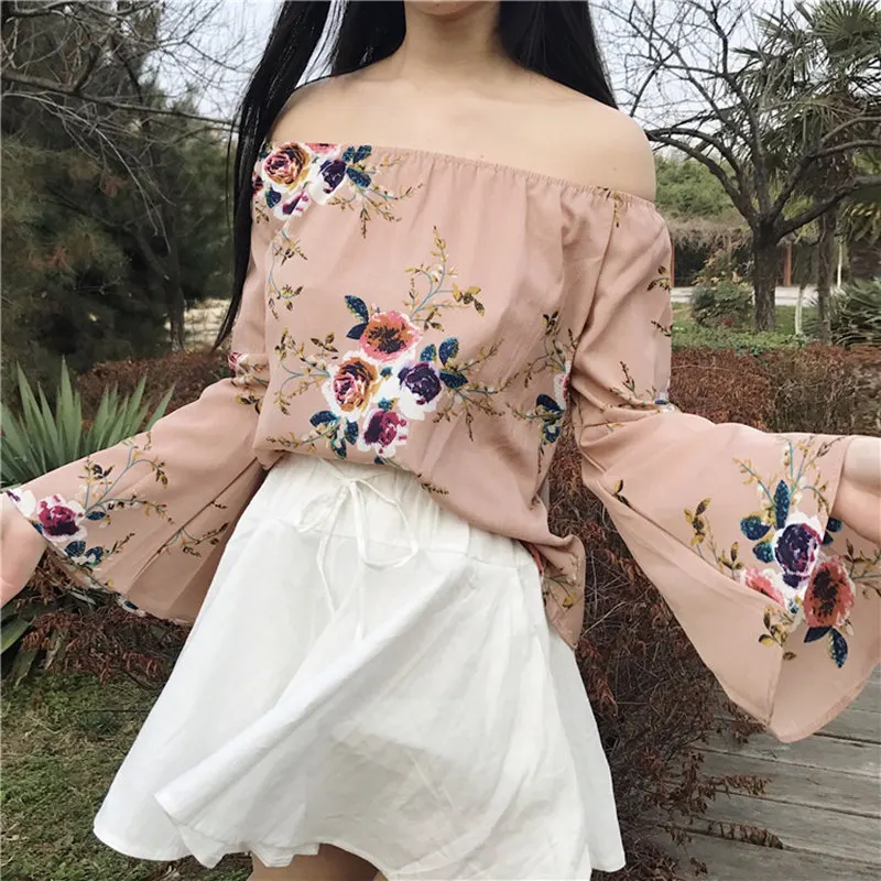 2018 Новинка весны женские шифоновые рубашки с цветочным принтом Slash шеи Flare