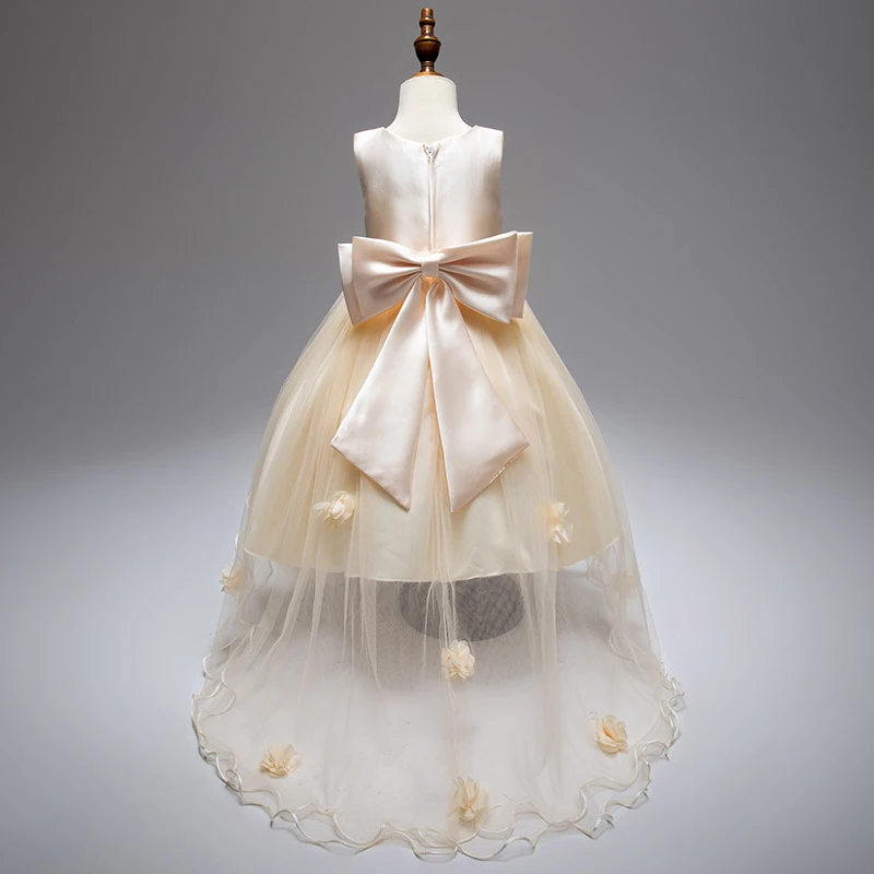 Новые детские платья со шлейфом для девочек кружевные принцессы с бантом