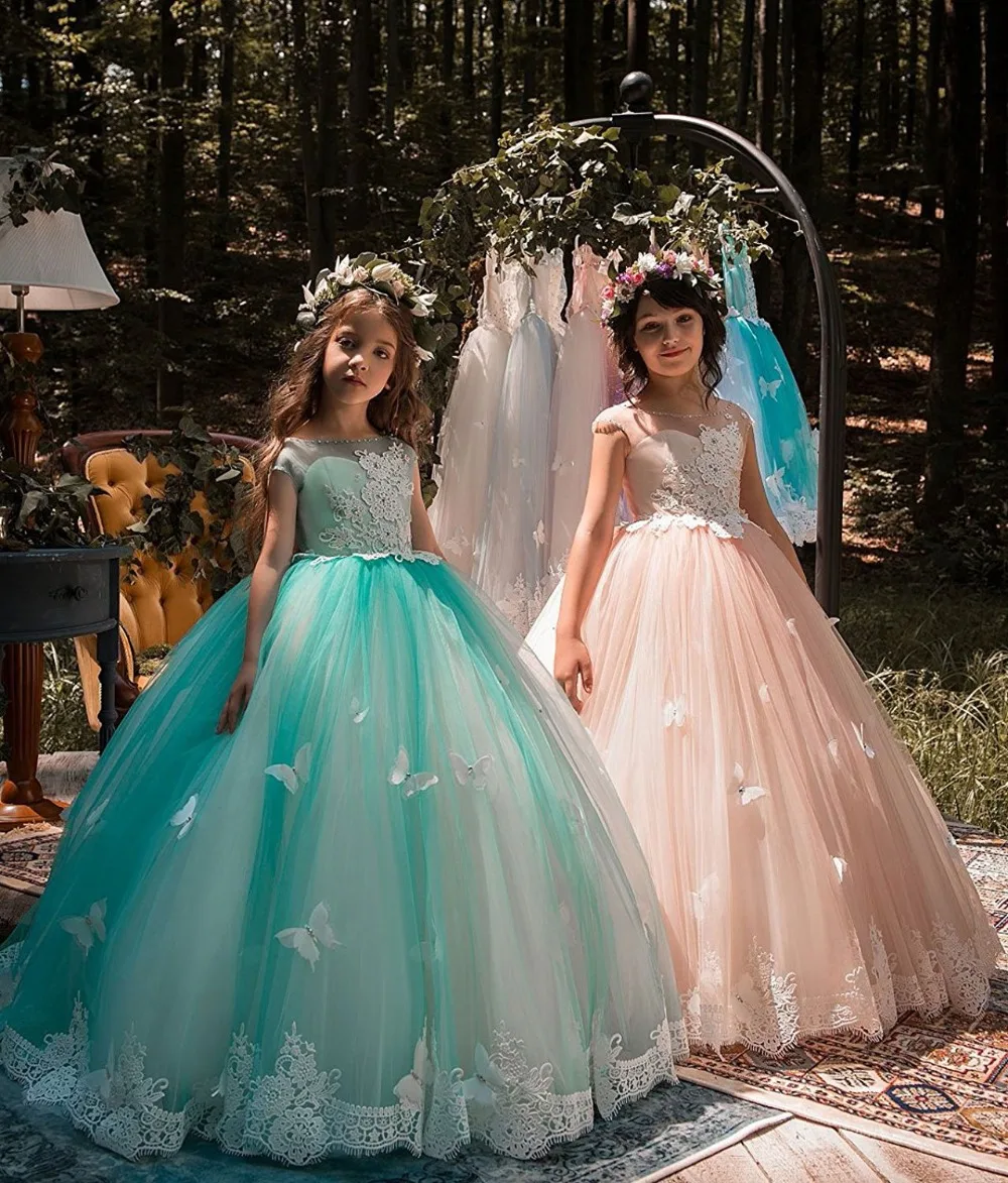 Милое мятно-зеленое Цветочное платье для девочек бальное с коротким рукавом