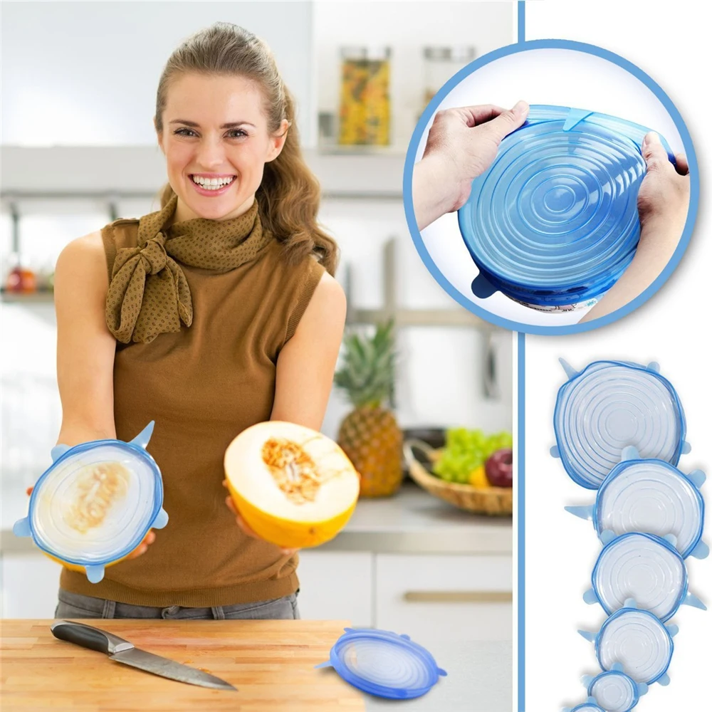 Горячий набор из 6 штук: универсальные силиконовые крышки с присосками для чашек, сковородок и кастрюль, растяжимые крышки, покрывающие кастрюли при готовке, силиконовые заглушки для кухонной посуды.