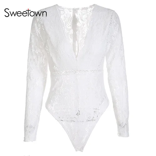 white Sweetown, длинный рукав, Кружевное боди, элегантная рубашка для женщин, белая, весна-лето, боди, Mujer, сексуальный, прозрачный, глубокий v-образный вырез, боди - Цвет: white