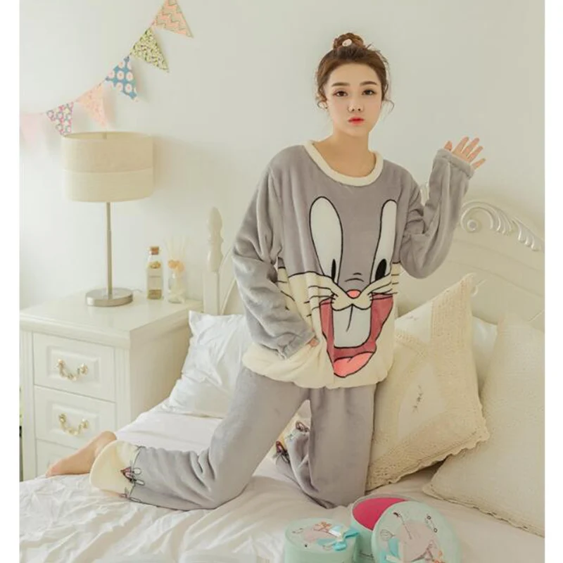 Женские Фланелевые пижамы с длинным рукавом и принтом кролика повседневные