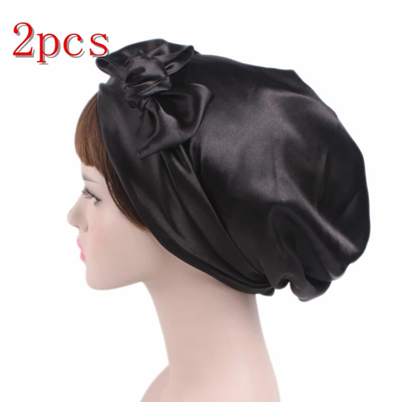 2pcs black 1/2/5/10 шт Мягкий шелк Для женщин ночного сна душ Кепки Регулируемый ухода за длинными волосами капота тюрбан шляпа Мягкая атласная шляпа аксессуары 58 см - Цвет: 2pcs black