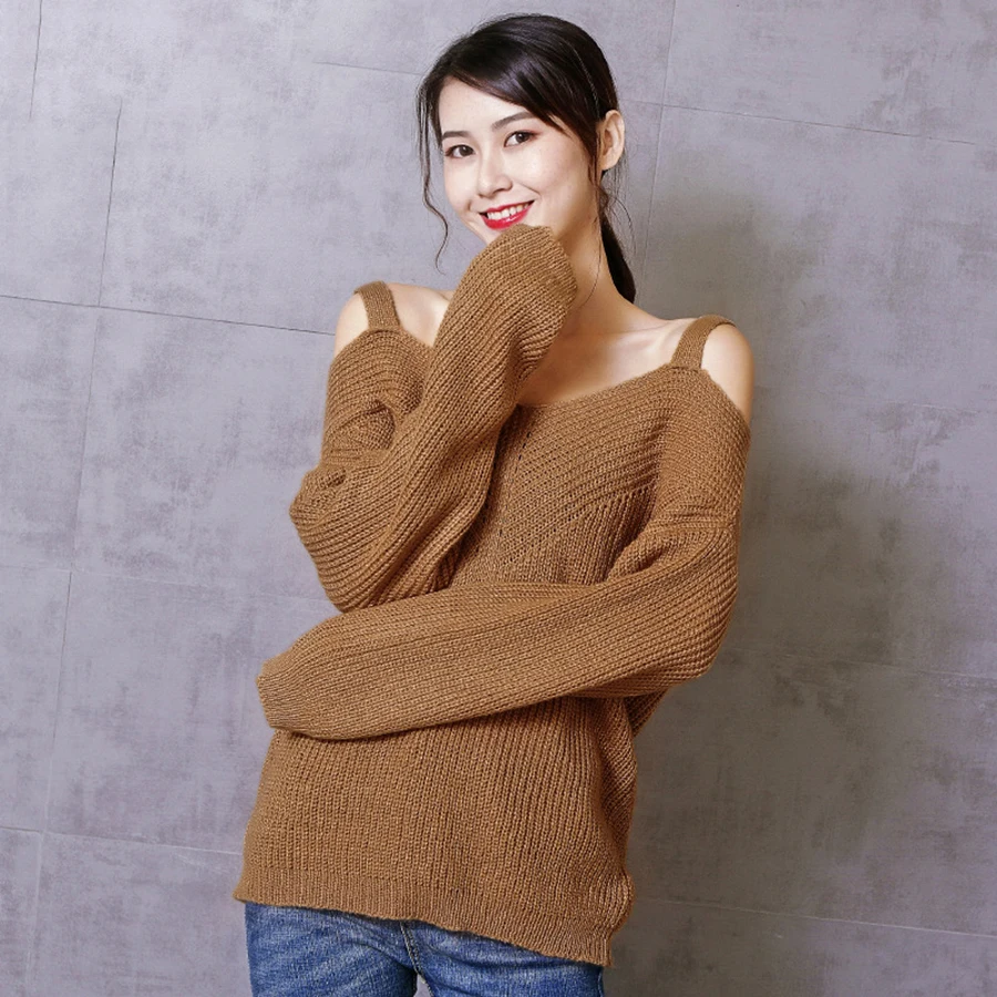 Off The Shoulder Women Knitting Tops Fashion V Neck Solid Skinny Sweaters Ladies Long Sleeve Slim Clothes Outfit 5Zc0294 | Женская