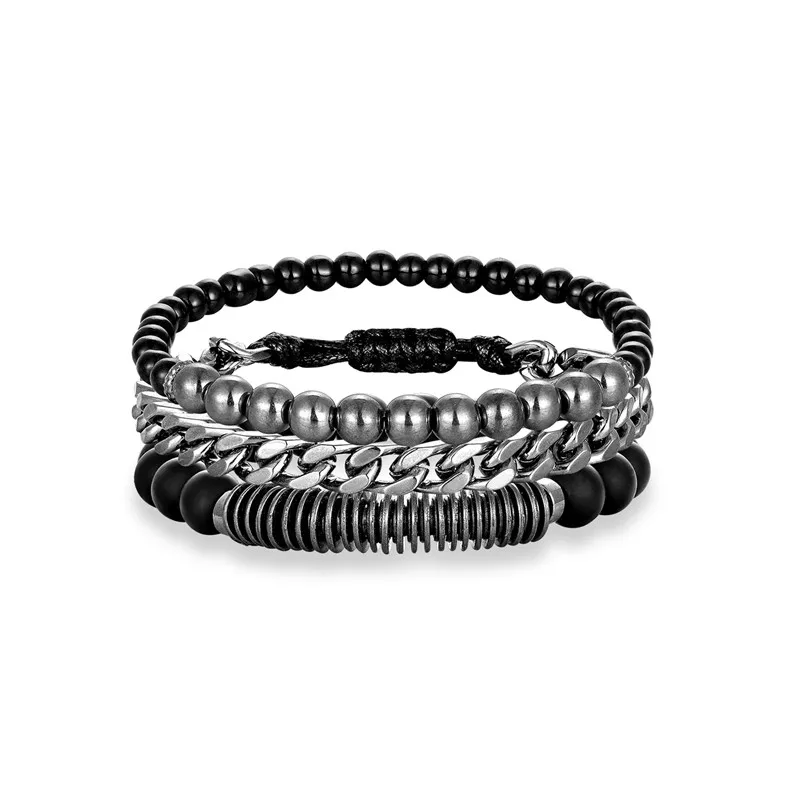 Beads 4 1 комплект, 3 шт., многослойный кожаный браслет с бусинами, женский браслет из нержавеющей стали, цепочка на цепочке, мужские Парные браслеты, Прямая поставка, homme - Окраска металла: Beads 4