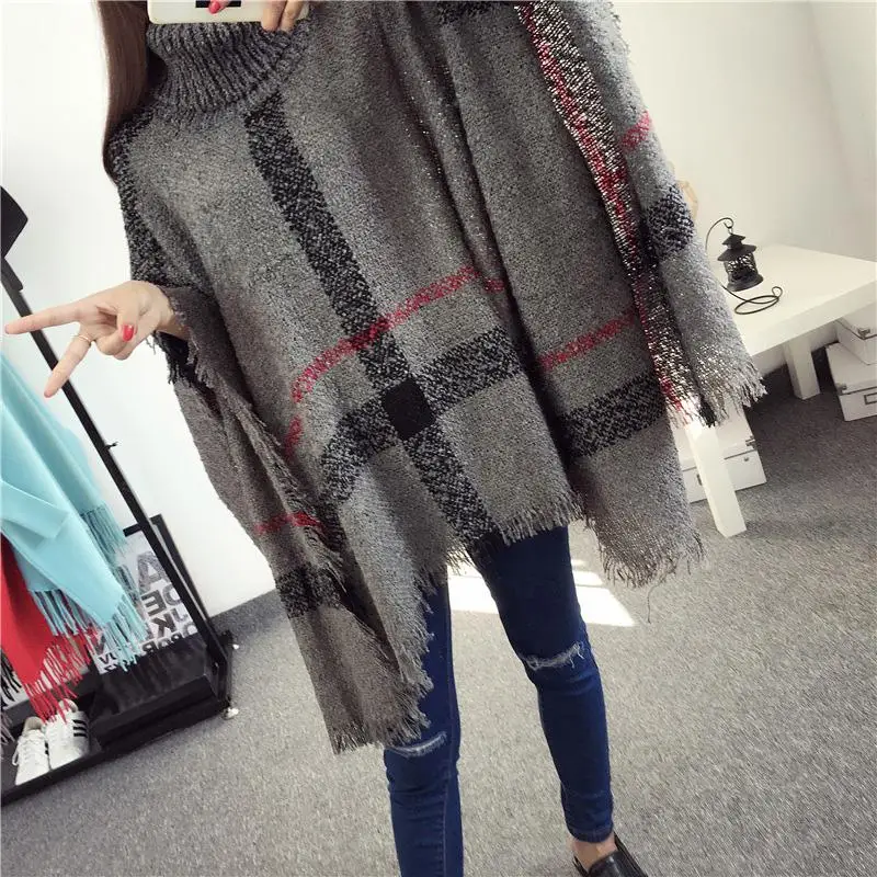 Yiwa Women High-necked Plaid Sweater Loose Bat Design Sleeve Knit Fringed Cape Jacket super soft wool fall and winter | Женская одежда