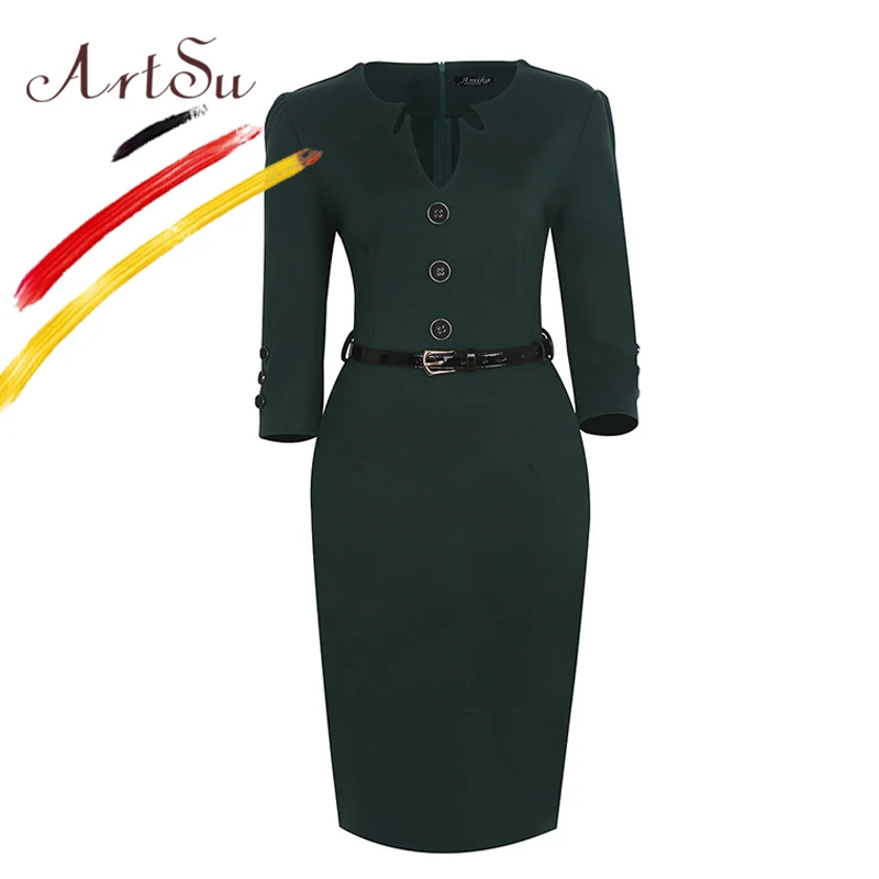 ArtSu, офисное, тонкое платье-карандаш, Vestidos, элегантное, женское, Повседневное платье с поясом,, половинный рукав, бодикон, платье большого размера, ASDR20295