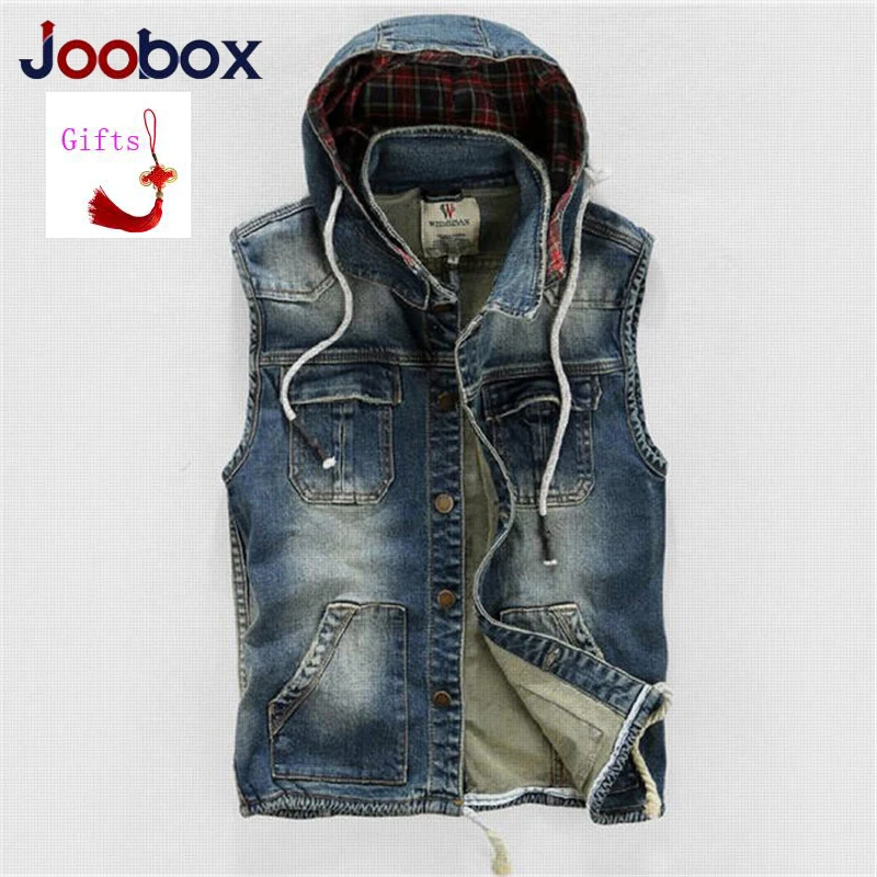 Мужской джинсовый жилет с капюшоном JOOBOX повседневный в стиле ретро без рукавов