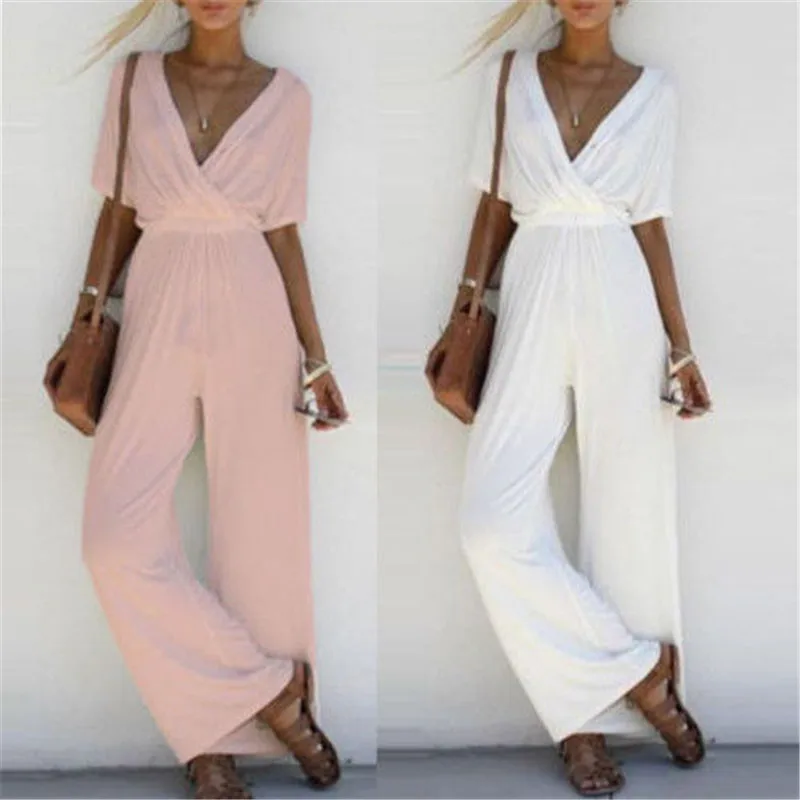 

2019 Women Jumpsuit Romper Short Sleeve V Neck Casual Playsuit Overalls Ladies Wide Leg Pants Loose White Black Pink Playsuit