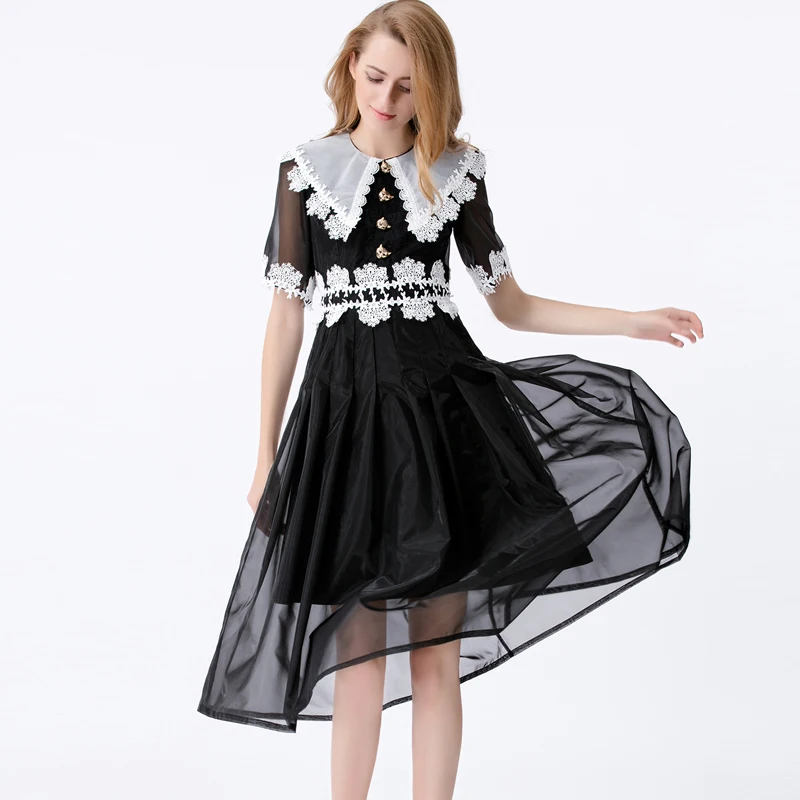 Женское модельное платье с коротким рукавом черное лоскутное кружевное на