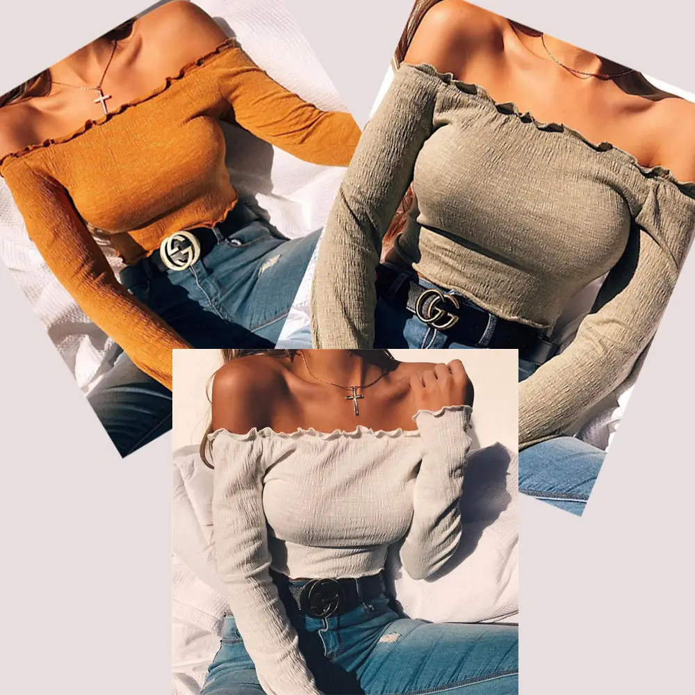 Женский облегающий топ с открытыми плечами и длинным рукавом | Женская одежда