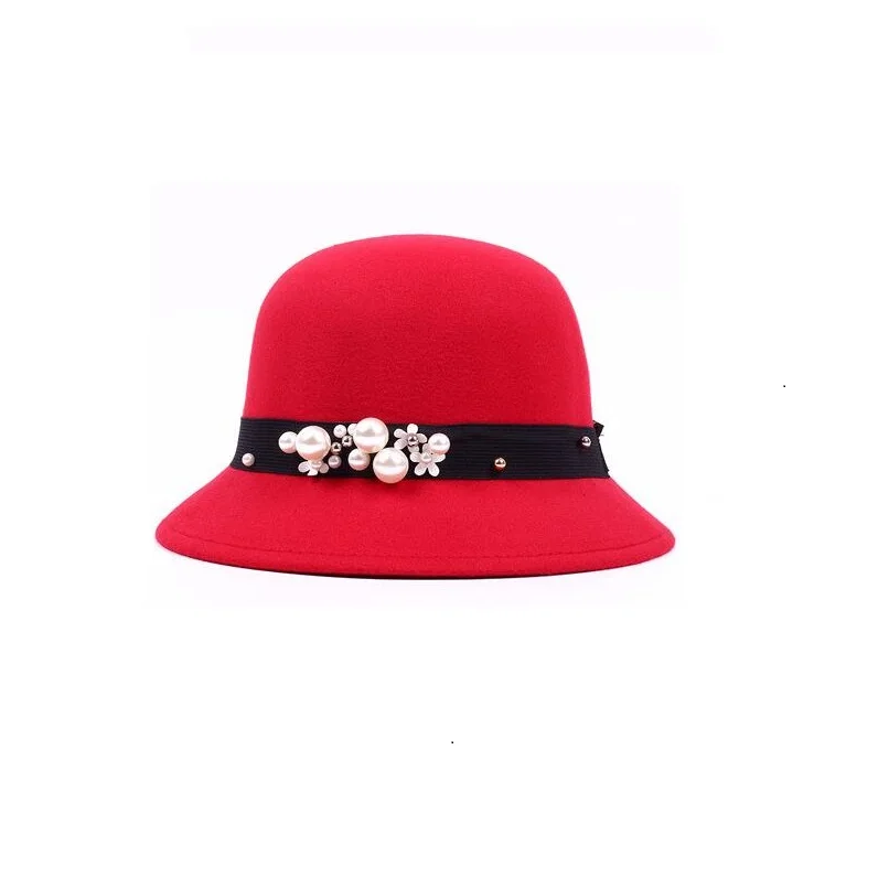 Cloche круглые головные уборы для женщин украшенные жемчугом одноцветная шерсть