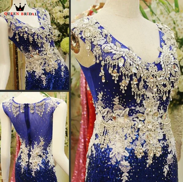 

Custom Made Mermaid Blue Sequin Crystal Beaded Luxury Sexy Evening Dresses 2021 New Real Photo Prom Party Dress Gowns JO10M