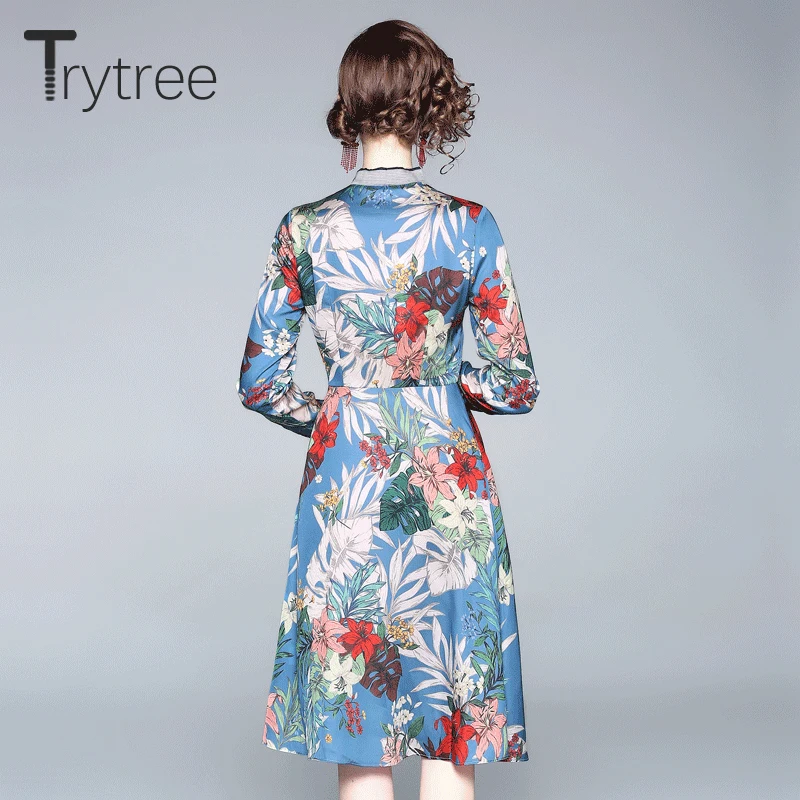 Trytree 2019 лето осень повседневное Элегантное синее платье с цветочным принтом
