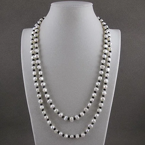 Unique Pearls jewellery Store 120cm Long Pearl Jewelry 4mm Black Crystal Beads 7-8mm Baroque White Freshwater Necklace | Украшения и