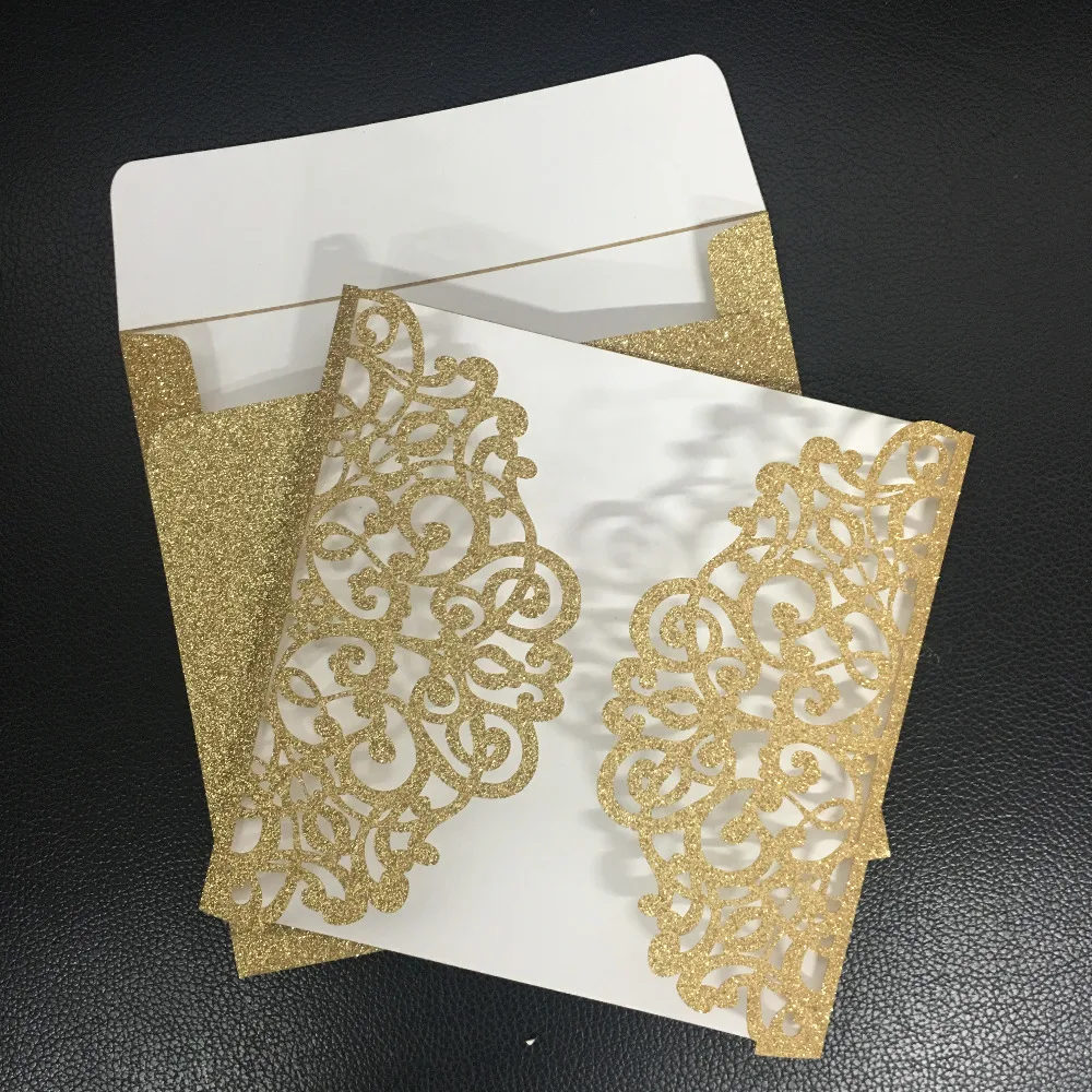 

Luxury new arrival glitter gold and silver paper 50pcs handmade fancy laser cut floweral lace invitation card wedding favor