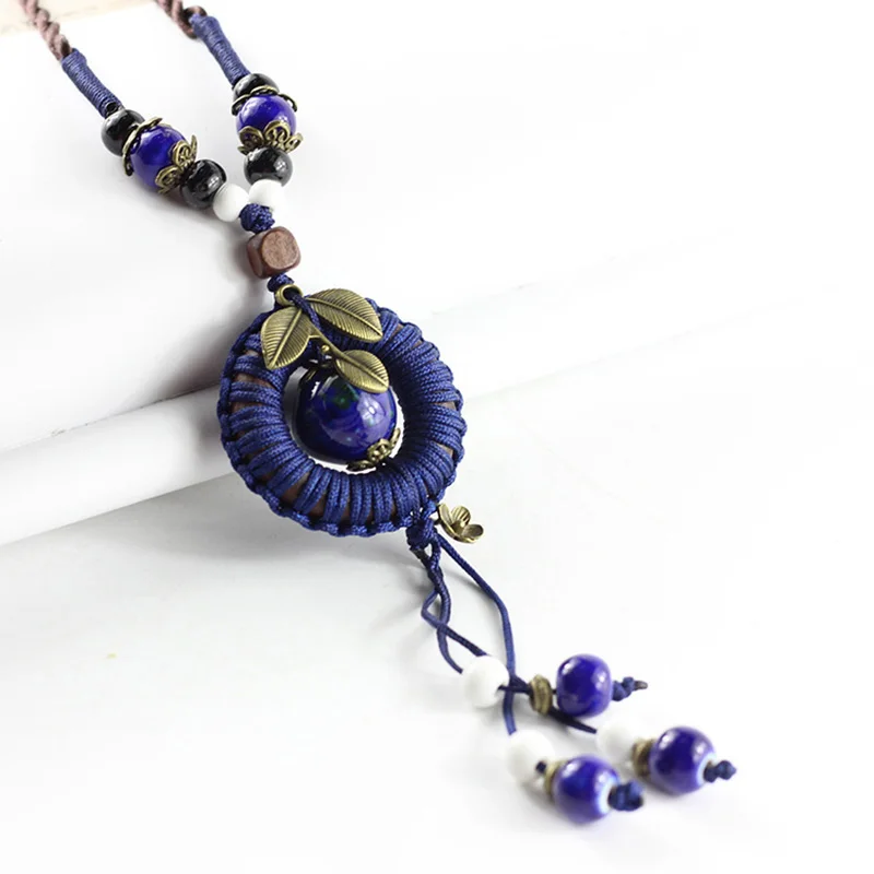 Богемное ожерелье с перьями цветок Массивное колье керамические круглые длинные