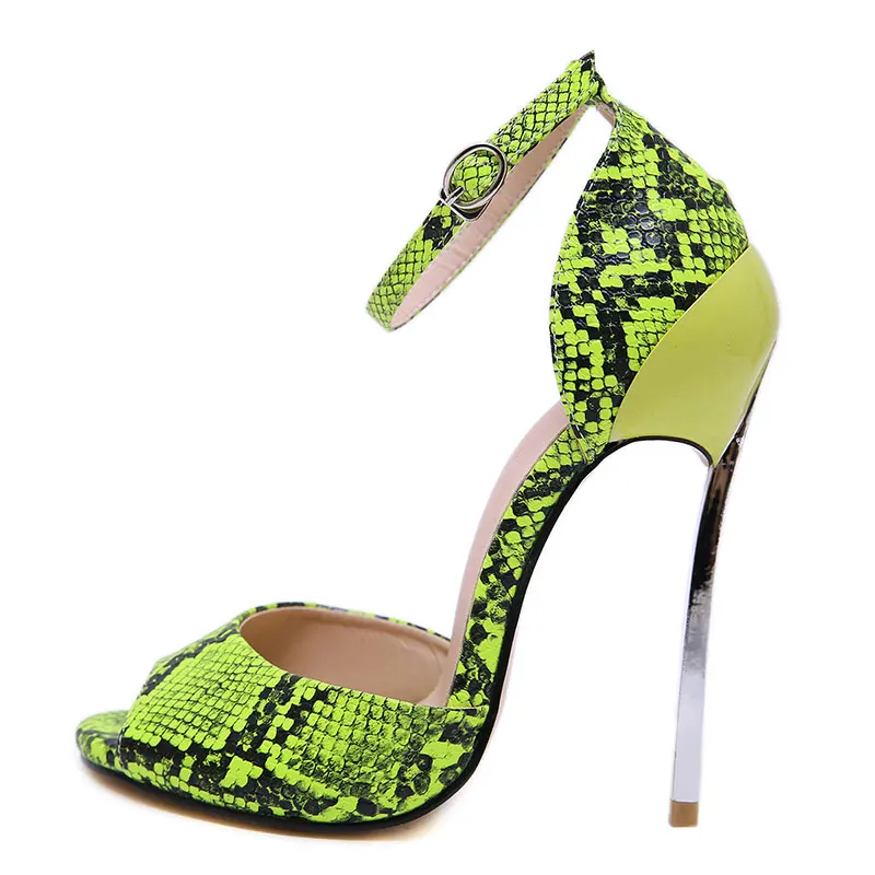 Fluorescent Green GENSHUO женская обувь на Ультра высоком каблуке высокие каблуки-шпильки сандалии с открытым носком с ремешком на щиколотке змеиная Летняя обувь женская размера плюс - Цвет: Fluorescent Green