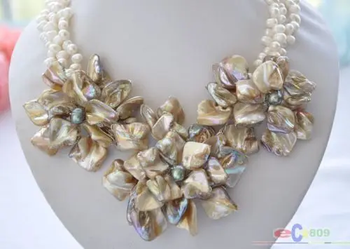 Hot sale new Style &gt&gt&gt&gt&gtFashion Handmade 3row 18&quot White Rice Pearl Shell Knitting Flower Necklace | Украшения и