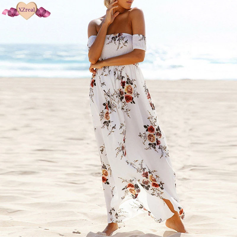 Bohemian Floor Length Print Beach Dress Off Shoulder Women Summer Sundress Long Floral Split Irregular Backless Dresses Z3D358 | Женская
